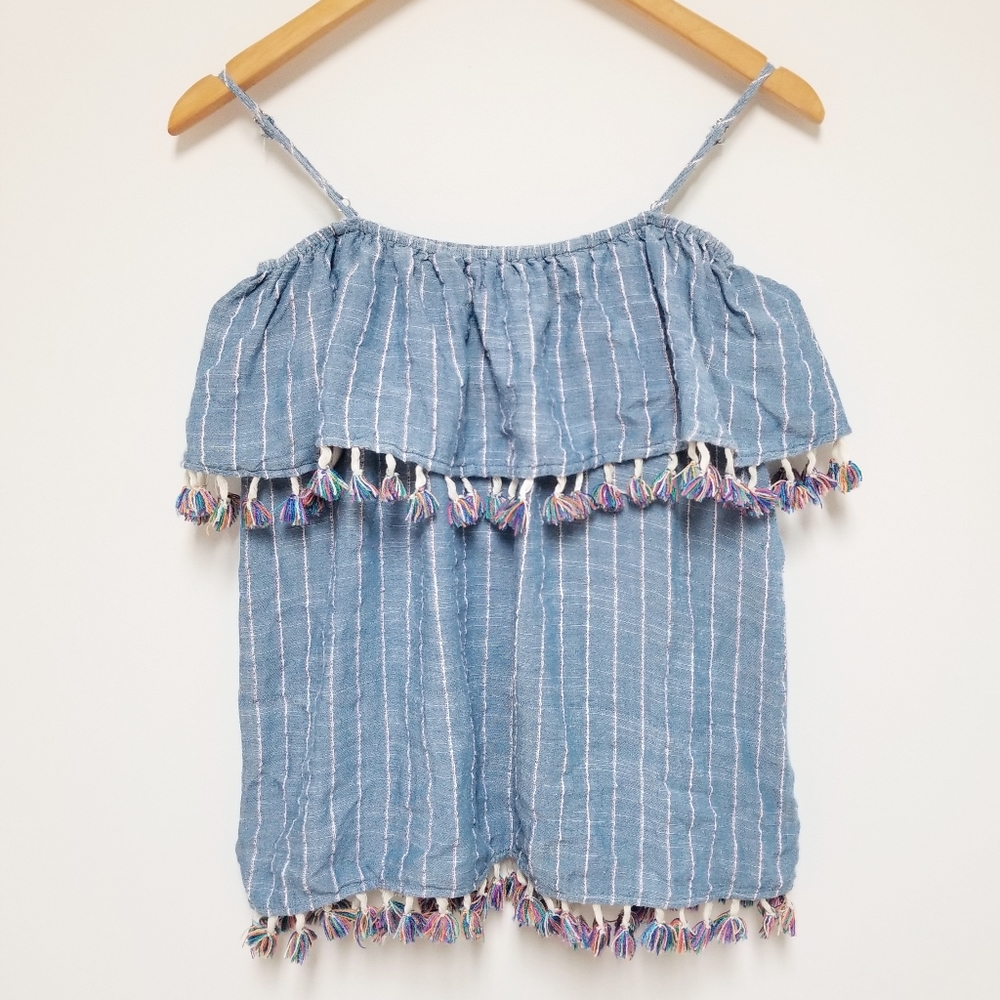 Listicle off shoulder boho fringe blue stripe top